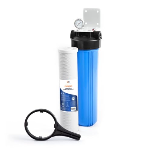 Aquaboon Whole House Water Filter System for Well Water with 5 Micron 20x4.5 Carbon Block Chlorine Reduction Cartrige | NSF Certified, Pressure Gauges & Releas, Wrench, Bracket 1" NPT - color: 20 Inch, size: Chlorine, Taste & Odor Protection