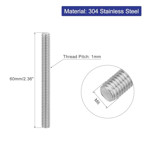uxcell 8Pcs Fully Threaded Rod, M6 x 60mm 304 Stainless Steel Right Hand Thread Bar Studs M6-1 Thread Pitch for Furniture Machinery Assembly - size: M6 x 60mm