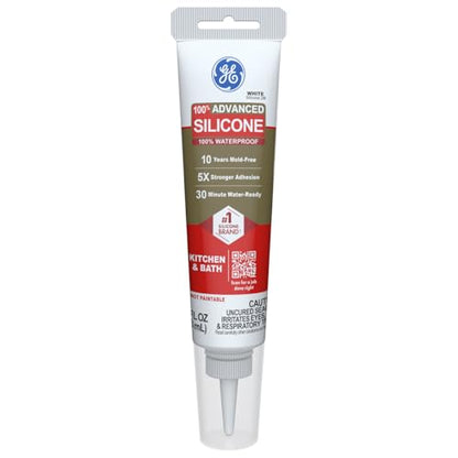 GE Advanced Silicone Caulk for Kitchen & Bathroom, White, 2.8 fl oz Tube, 1 Pack - 100% Waterproof Silicone Sealant, 5X Stronger Adhesion, Shrink & Crack Proof - size: 2.8 fl oz (1 Pack), style: White