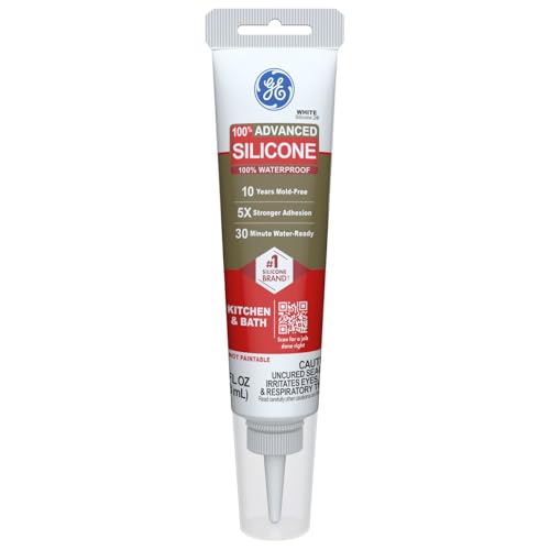 GE Advanced Silicone Caulk for Kitchen & Bathroom, White, 2.8 fl oz Tube, 1 Pack - 100% Waterproof Silicone Sealant, 5X Stronger Adhesion, Shrink & Crack Proof - size: 2.8 fl oz (1 Pack), style: White