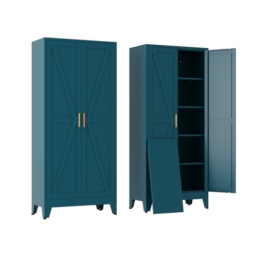 Tall Kitchen Pantry Storage Cabinet,Metal Blue Cabinets With Doors and Adjustable Shelves,Garage Storage Cabinets,Large Steel Shop Cabinet With Lock,Lockable Tool Cupboard For Living Room (Blue) - color: Blue, size: 71"H-A