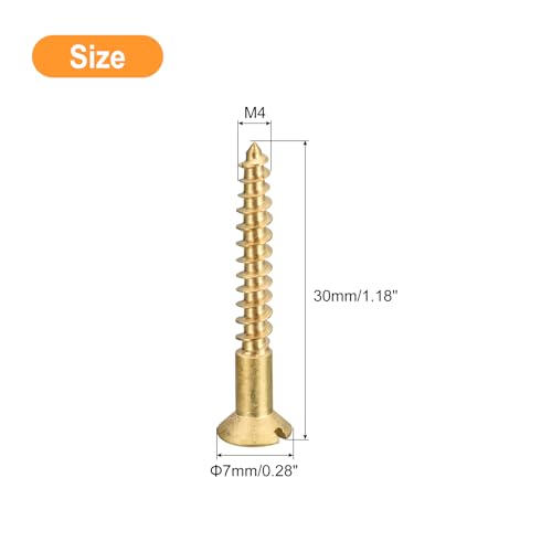 uxcell Brass Wood Screws, 30Pcs M4 x 30mm Slotted Drive Flat Head Self Tapping Screw Countersunk for Woodworking Furniture - size: M4 x 30mm