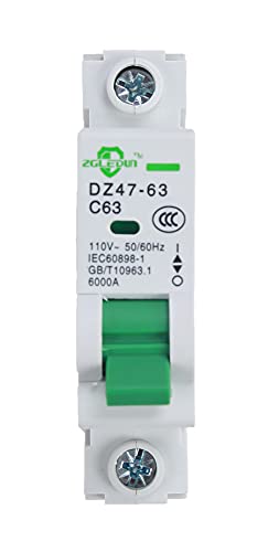 AC Miniature Circuit Breaker, 1 Pole 63 Amp, 120/240VAC, 6kA Din Rail Mount Breaker with Thermal Magnetic Trip, DZ47-63 C63 1P, AC Solar MCB - color: 1 Pole, size: 63 A