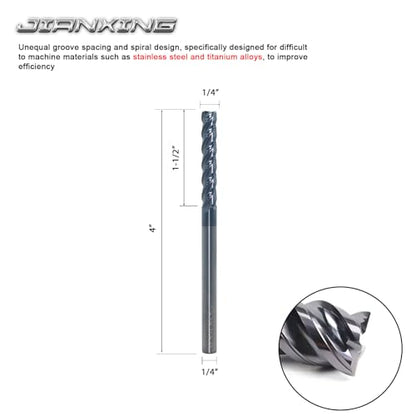 1/4" Extra Long 4-Flute Carbide Square End Mill, 4" OAL, 1Pc - size: 1/4" Extra Long (1 Pc), style: For Stainless Steel