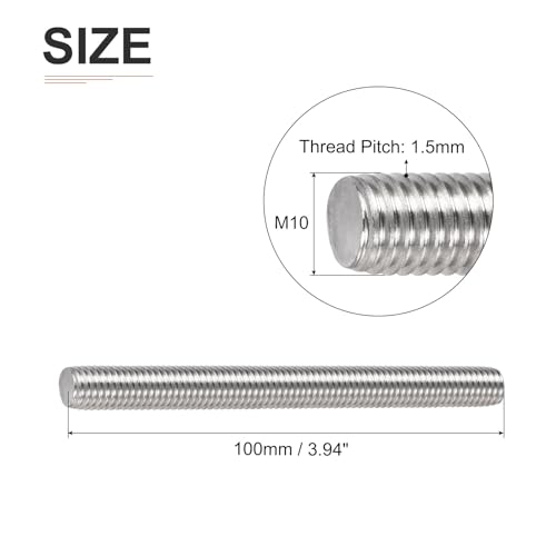 DTGN M10x1.5x100mm(DxPxL) Fully Threaded Rod - 5Pack - Good for Machinery - 304 Stainless Steel Right Hand Thread Rods Bar Studs - Silver - size: M10x1.5x100mm