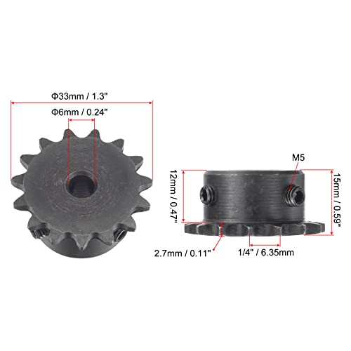 uxcell 15 Tooth Roller Sprocket B Type, #25 Chain, Single Strand 1/4" Pitch, 6mm Bore Black Oxide C45 Carbon Steel with Set Screws for ISO 04C - size: 6mm