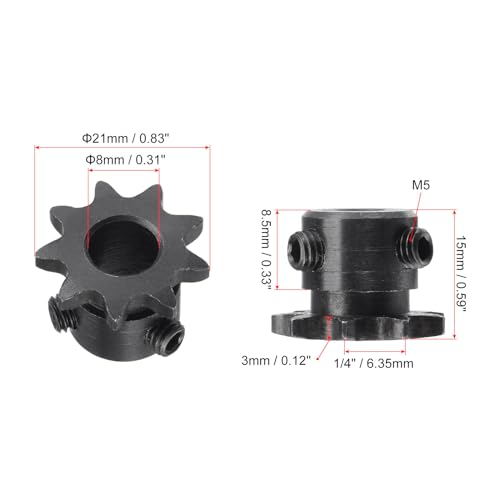 uxcell #25 Chain Roller Sprocket, 8mm Bore 1/4" Pitch 9 Tooth Single Strand Chain Sprocket, C45 Carbon Steel 25 Roller Chain Sprocket with Set Screws for ISO 04C Chain, 2Pcs - size: 21mmx8mm