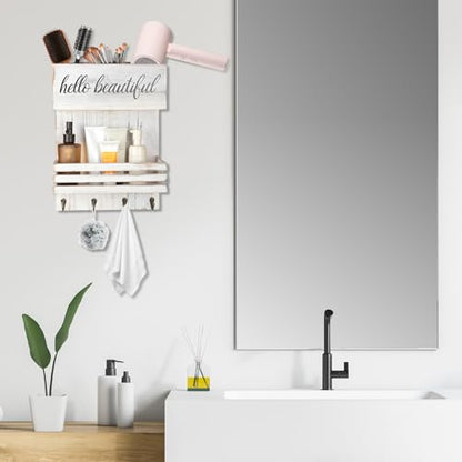 2Tier White Wooden Hair Dryer Holder Wall-Mounted Organizer - color: White
