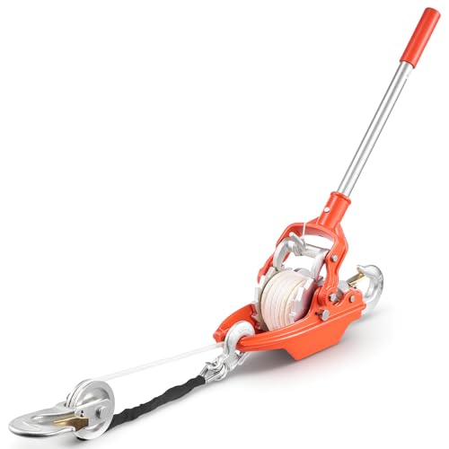 VEVOR Rope Puller, 6614 lbs Pulling Capacity, Heavy Duty Ratchet Power Puller Tool with 35 ft of 0.3 in Diameter Rope & 2 Hooks, Come Along Winch for Tree Felling, Moving Boats, Road Recovery - size: 3 Ton