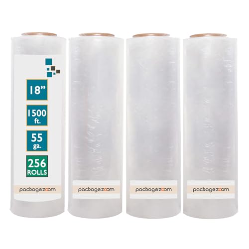 PackageZoom 4 Rolls Clear Stretch Wrap Film 18” x 1500 feet Plastic Wrap for Moving, Packing, Shipping & Storage Heavy Duty Industrial Cling Film for Boxes and Furniture (64) - size: 256 Rolls - 18"