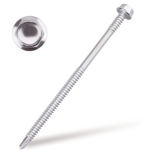 #14 x 4 (25 pcs) Hex Washer Head Self Drilling Screws, 410 Stainless Steel Metal Sheet Tek Screws, Self Tapping Point, No Pre-drilled Hole Needs - size: #14 x 4"