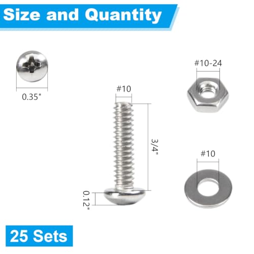 25 Sets #10-24 x 3/4" Pan Head Machine Screws Nuts Washers Kit - size: #10-24 x 3/4"