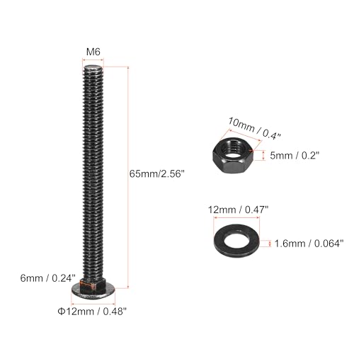 uxcell M6x65mm Square Neck Carriage Bolts with Nuts & Washers, 12Set 304 Stainless Steel Round Head Square Neck Coach Bolt Screws, Black - size: M6x65mm