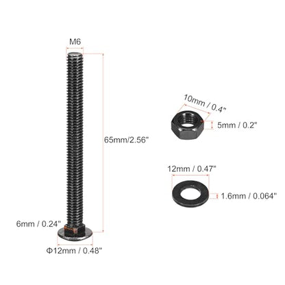 uxcell M6x65mm Square Neck Carriage Bolts with Nuts & Washers, 12Set 304 Stainless Steel Round Head Square Neck Coach Bolt Screws, Black - size: M6x65mm