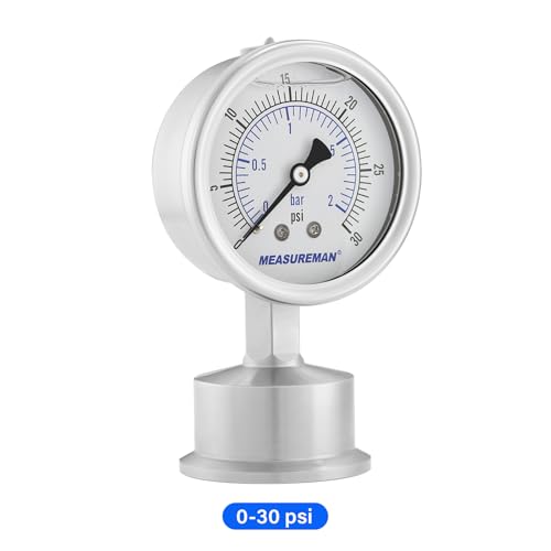 MEASUREMAN Stainless Steel Sanitary Pressure Gauge, 2.5” Dial, 0-30 PSI Range, Glycerin Filled, 1.5” Tri Clamp Bottom Mount - size: 2.5",0-30 psi/bar, style: Lower Mount
