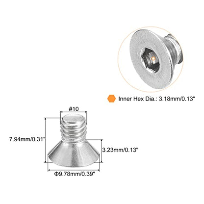 uxcell #10-32x5/16 Flat Countersunk Head Socket Cap Screws, 50Pcs 304 Stainless Steel Hex Socket Flat Head Screws, Full Thread, Countersunk Bolts - size: #10-32x5/16"