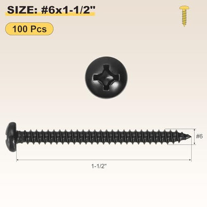 METALLIXITY Phillips Pan Head Self Tapping Screw #6x1-1/2 100Pcs - color: Black, size: #6x1-1/2"