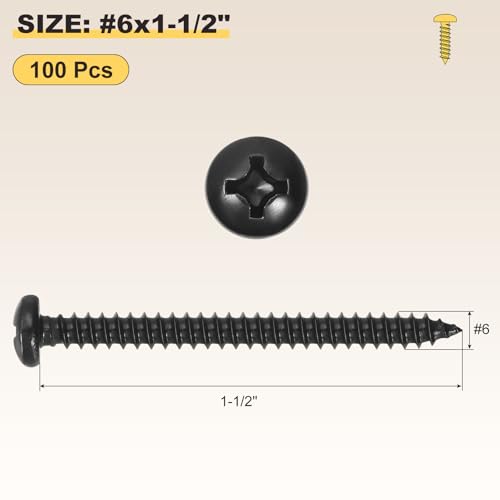 METALLIXITY Phillips Pan Head Self Tapping Screw #6x1-1/2 100Pcs - color: Black, size: #6x1-1/2"