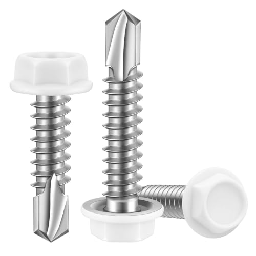 #10 x 1-1/4" Hex Washer Head Self Drilling Sheet Metal Screws with Drill Point, Stainless Steel 410, White Head, 50 PCS - color: White, size: #10 x 1-1/4"
