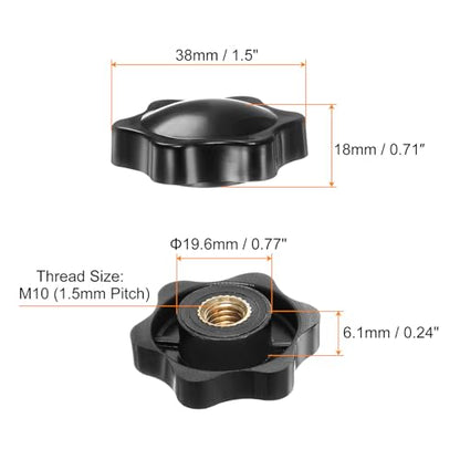 HARFINGTON 6pcs Star Knobs M10 Female Thread 38mm 6-Point Plastic Head Brass Insert Non-Through Hole Screw-in Threaded Hand Knob Clamping Handle, Black - color: Black, size: M10 x 38mm