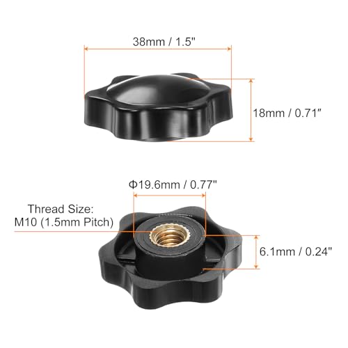 HARFINGTON 6pcs Star Knobs M10 Female Thread 38mm 6-Point Plastic Head Brass Insert Non-Through Hole Screw-in Threaded Hand Knob Clamping Handle, Black - color: Black, size: M10 x 38mm