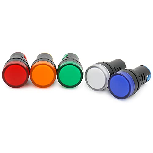 BAOMAIN 22mm LED Industrial Indicator Light,220V AC Pilot Signal Lamp for Industrial Machinery Control Circuits,7/8" Panel Mount, Screw Terminal,5-Color Red,Green,Yellow,Blue,White - color: 5-Color
