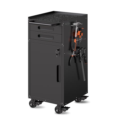 Metal Mobile Tool Storage Cabinet with 1 Locking Door and 2 Drawer - color: Black, style: 2 drawers 1 door with wheels