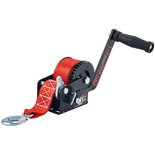 TYT 600LB Boat Trailer Winch with Red Nylon Strap, Anti-Slip Handle Crank Gear Hand Winch, Portable Two-Way Ratchet Forward & Backward Manual Rope Ratio 3.2:1 Winch for ATV Jet Ski Trailer Small Winch - style: 600lb with Red Strap