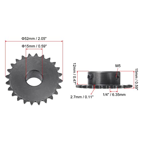 uxcell 24 Tooth Roller Sprocket B Type, #25 Chain, Single Strand 1/4" Pitch, 15mm Bore Black Oxide C45 Carbon Steel with Set Screws for ISO 04C - size: 15mm