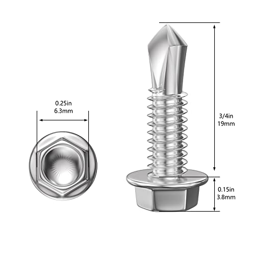Wensilon (300Pcs) #8×3/4" Hex Washer Head Self Drilling Screws, 410 Stainless Steel Metal SheetScrews，TEK Screws, Sheet Metal Self Tapping Screws - color: Silver, size: #8×3/4"