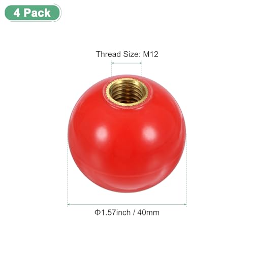 M METERXITY 4-Pack Threaded Ball Knobs, M12 Female Thread 40mm Dia. Thermoset Ball Knob for Lathe/Machine/Lawn Mowers, Round Phenolic Brass Insert Lever Handle [Red] - color: Red, size: M12x40mm