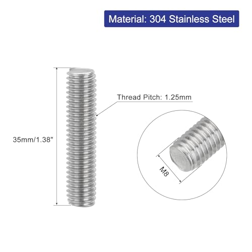 uxcell 8Pcs Fully Threaded Rod, M8 x 35mm 304 Stainless Steel Right Hand Thread Bar Studs M8-1.25 Thread Pitch for Furniture Machinery Assembly - size: M8 x 35mm