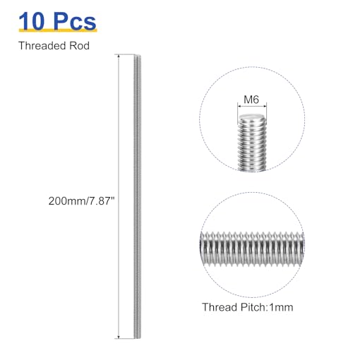 uxcell 10Pcs M6 x 200mm Fully Threaded Rod 304 Stainless Steel Right Hand Threads Bar Studs for Anchors Bolts, Clamps, Hangers and U-Bolts, 1 Thread Pitch - size: M6 x 200mm