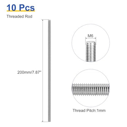 uxcell 10Pcs M6 x 200mm Fully Threaded Rod 304 Stainless Steel Right Hand Threads Bar Studs for Anchors Bolts, Clamps, Hangers and U-Bolts, 1 Thread Pitch - size: M6 x 200mm