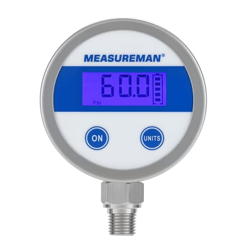 MEASUREMAN Economy Digital Pressure Gauge 2.5" Blue Backlit LCD, 0-60 PSI All Stainless Steel Case 1/4" NPT Connection 1% Accuracy - size: 0-60psi