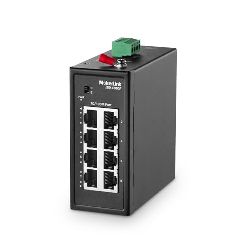 MokerLink 8 Port Industrial Din Rail Switch, 8 x 10/100Mbps Ethernet Ports, Extend 250M, Metal DIN-Rail & Wall Mount Included