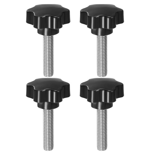 HARFINGTON 4pcs Star Knobs M12 x 50mm 304 Stainless Steel Threaded Stud 46mm Plastic 6-Star Head Hand Tightening Thumb Screw Clamping Jig Knob Handle, Black - size: M12 x 50mm x 46mm