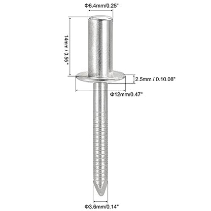 uxcell Blind Rivets, 304 Stainless Steel Pull Rivets Core Decoration Rivets 6.4mm Diameter 14mm Grip Length Close End Silver Tone, 25pcs - size: 6.4mm x 14mm
