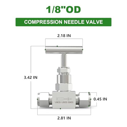 TAISHER 1PCS 304 Stainless Steel High Pressure Straight Needle Valve 1/8" Tube OD x 1/8" Tube OD For Flow Control Water Gas Oil - size: 1/8" OD