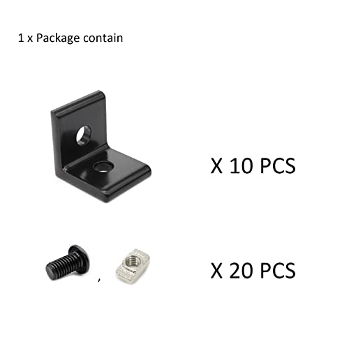 10Pcs 2020 Aluminum Extrusion T Slot Corner Bracket 20 Series Extruded Hardware L Connector with M5 Nuts Bolts for 20/20 20mm T V Slot Black Aluminum Profile Rail Accessories - style: 10Pcs 20x20 Bracket with Bolt Nut