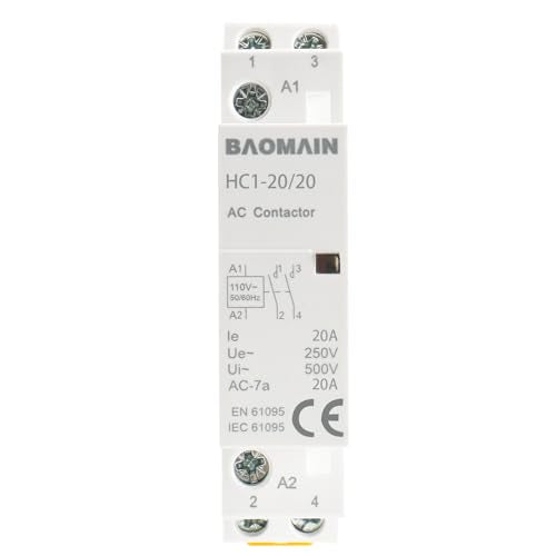 BAOMAIN 110V AC 2-Pole 20A Modular Contactor, 2NO, DIN Rail Mount