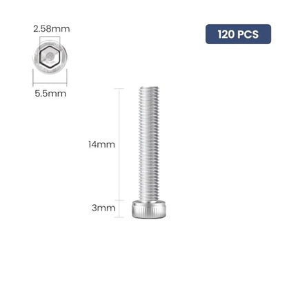 120pcs M3 x 14mm Hex Socket Head Cap Screws Bolts, 304 Stainless Steel 18-8, Allen Socket Drive,Bright Finish, Full Threads,with Hex Spanner - size: M3 x 14mm