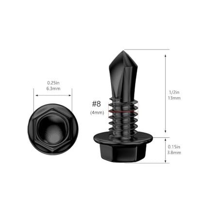 Wensilon (400Pcs) #8×1/2" Black Hex Washer Head Self Drilling Screws, 410 Stainless Steel Metal SheetScrews，TEK Screws, Sheet Metal Self Tapping Screws - color: Black, size: #8×1/2"