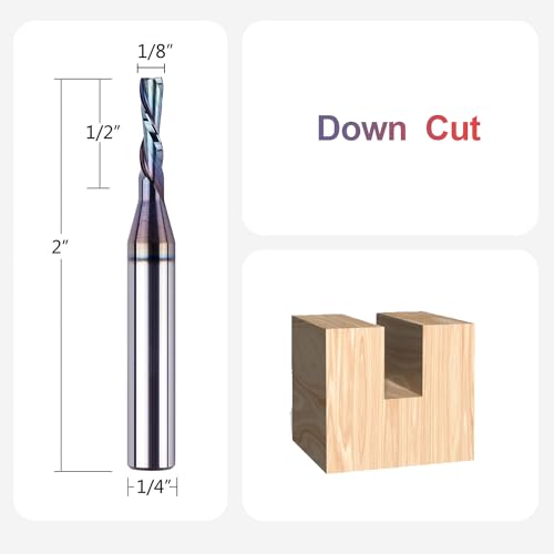 SpeTool 1/8 Inch Downcut CNC Router Bits 1/4 Inch Shank with Extra Long Life Coating, Carbide Spiral Down Cut End Mill Slot Cutting Router Bit for Woodworking - size: 1/8" Dia - 1/2" CL -1/4" Shank, style: DOWN CUT