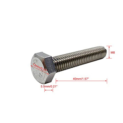 M8 Hex Bolt, M8-1.25 x 40mm Hex Head Screw Bolts, 304 Stainless Steel, Fully Threaded, Plain Finish, Hex Tap Bolts 10Pcs (M8x40mm) - size: M8x40mm