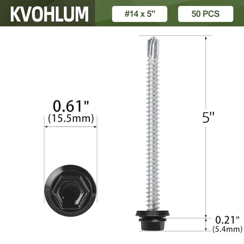 #14 x 5 (50 PCS) Black Metal Roofing Screws with Rubber Washer, Hex Head Self Tapping Screws for Metal, Self Drilling Sheet Metal Screw - size: #14 x 5"