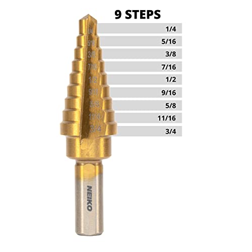 NEIKO 10184A Step Drill Bit, 9 Steps 1/4” to 3/4” Straight High Speed Steel, Titanium Nitride Coated, 3/8” Tri Flat Step Bits for Steel, Metal, Wood, Plastic, Unibit Cone Drill Bits, Two Flute - size: #3 (1/4 - 3/4", 9S), style: Straight