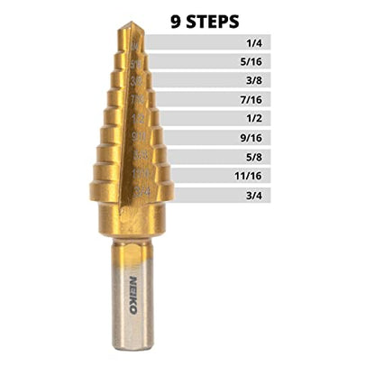 NEIKO 10184A Step Drill Bit, 9 Steps 1/4” to 3/4” Straight High Speed Steel, Titanium Nitride Coated, 3/8” Tri Flat Step Bits for Steel, Metal, Wood, Plastic, Unibit Cone Drill Bits, Two Flute - size: #3 (1/4 - 3/4", 9S), style: Straight