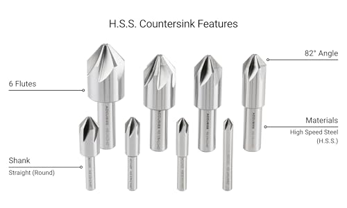 Accusize Industrial Tools 82 Degree 6 Flute H.S.S. Machine Countersink, 8 Pcs, Precision Ground, 0206-1018 - size: 82°