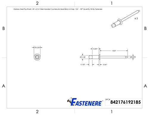 Fastenere - 1/8" x 3/16" Countersunk Head Pop Rivets - Aluminum, Stronger Steel Mandrel, Ideal for Flexible to Rigid Connections, Grip Range: .126" - .187" (100 pcs) - size: 1/8" x 3/16" (4-3) (100 Pack)